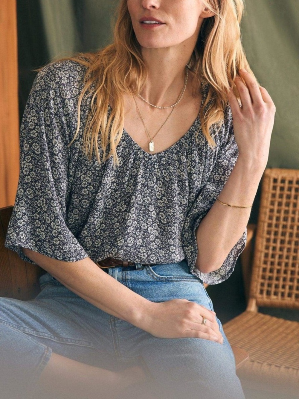 Faherty Navy Floral Peasant Top